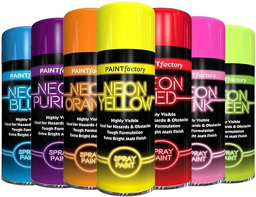 AlezyB Neon Pack of 7 Mix Colours Green, Blue, Yellow, Orange, Purple, Pink, Red 200ML, Spray Paint Aerosol Fluorescent Bright Graffiti (Banksey) Matt Finish