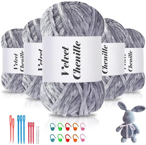 Maxee 500g(5×100g) Samtig Babywolle, Samt Chenille Garn mit Häkelwerkzeuge, Kuschelweich Velvet Chenillegarn Flauschige, Weich Plüschwolle Häkelgarn Wolle zum Stricken & Häkeln