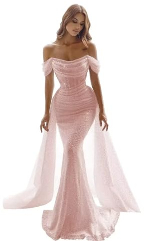 Generisch Glitzernde Meerjungfrau Ballkleider FüR Frauen Pailletten Schulterfrei Abnehmbare Schleppe Formelle Abendkleider Langes Nachlaufendes Ballkleid Blush Pink S