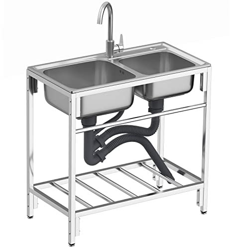Lavello da cucina in acciaio inox a 2 scomparti, lavello da cucina per ristorante, autoportante commerciale in acciaio inox 304, doppia vasca, lavandino con rubinetto dell'acqua calda fredda