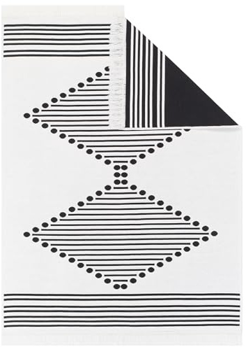 TAPISO Azteca Teppich Kurzflor mit Fransen Creme Schwarz Baumwolle Beidseitig Anwendbar Waschmaschinenfest Waschbar Wohnzimmer Schlafzimmer Küche ÖKOTEX 80 x 150 cm