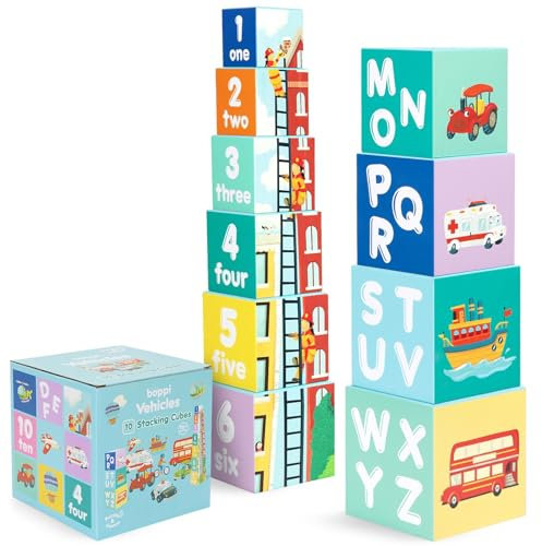 boppi Stapelwürfel Spielzeug mit Fahrzeugen Buchstaben Zahlen, Montessori Würfel Stapelspielzeug ab 1 Jahr Stapelturm als Motorikspielzeug Stapelspiel ab 1 Jahr Buchstaben Würfel Set
