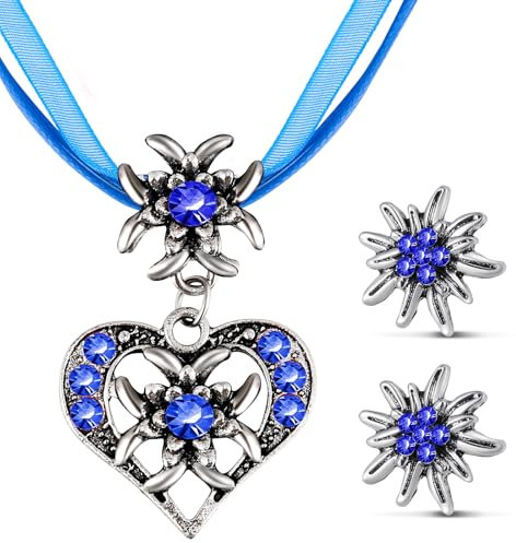 Patelai 3 Stück Trachtenschmuck Set Bayerisch Dirndlschmuck Trachtenkette mit Strass Edelweiß Herz Anhänger und Edelweiß Ohrstecker für Damen Bierfest Trachten Dirndl Outfit Accessoires (Dunkelblau)