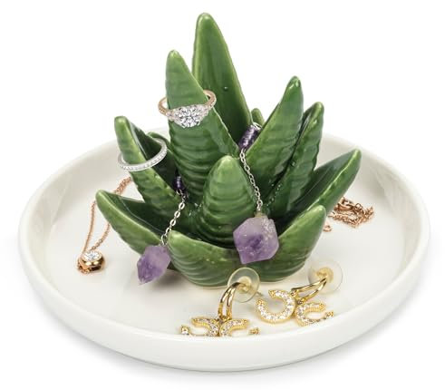 HilyBony Aloe-ring-holder céramique-cactus-bijoux-plateau avec plat blanc décoratif plateau à bibelots assiette pour meilleurs amis