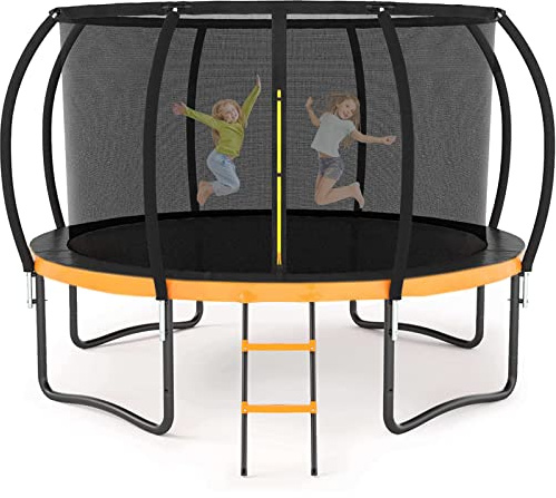 Liyarya 12FT Trampoline for Kids/Adults - Outdoor Trampolines with Enclosure Net Curved Poles and Ladder, Heavy Duty Trampoline for Backyard, Anti-Rust Coating Leg, ASTM Approval