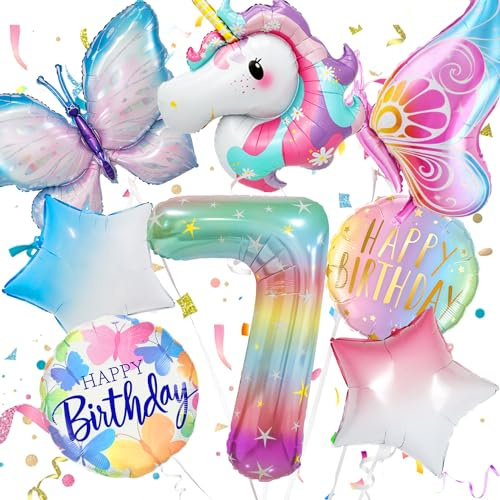 Konoz Geburtstagsdeko 7 jahre Mädchen, Einhorn 7. geburtstag mädchen, Einhorn Luftballon 7 Jahre, Einhorn Deko, Deko Geburtstag 7 Jahre Mädchen, Folienballon 7 und Schmetterling Deko Geburtstag
