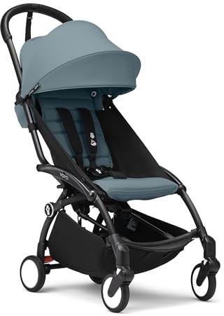 Stokke YOYO3 Stroller from 6 Months - Includes Black Frame/Aqua Seat Cushion + Canopy - Folds in & Out in a Flash - Light & Compact - Carry-On Compatible