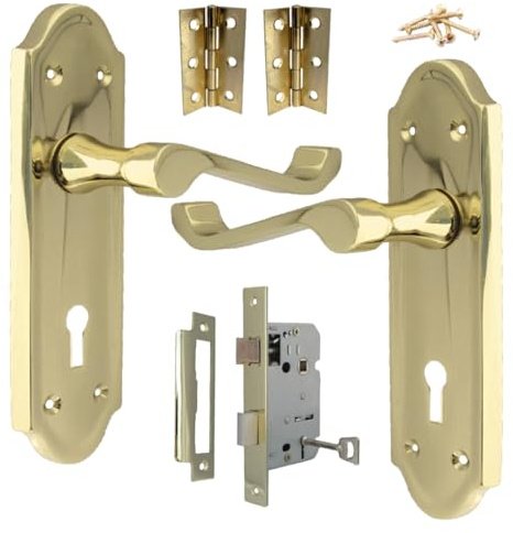 Betley Butterfly Ashford Door Handle Brass, Latch Lock Bathroom Set WC Toilet Door Handles, Bathroom Mortice 3 Lever Lock 3 Hinges 168mm x 47mm Backplate, Interior Wooden Doors (Lock Pack)