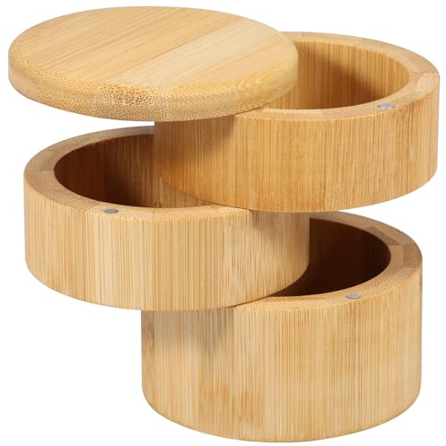 Bamboo Salt Cellar with Magnetic Cover 3 Layer Bamboo Salts Box One Hand Handling Salt Storage Container Large Capacity Spice Container 3.5×4.5 Inch Kitchen Salt Box for Salts Spices peppercorns