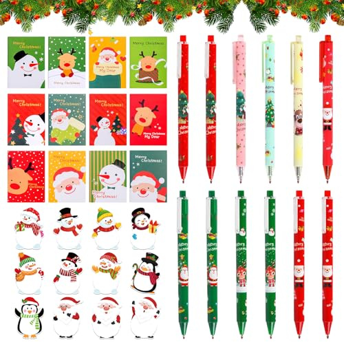 Set di 36 penne di cancelleria natalizia, penne e penne gel, note adesive, sacchetti regalo con imbottitura