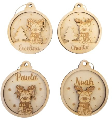 Personalisierte Weihnachtskugeln Rentier I Christbaumschmuck, Weihnachtskugel aus Holz I Christbaumkugel personalisiert I Geschenkanhänger Weihnachten Kind I Baumschmuck Holz