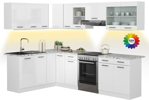 Vicco Eckküche Rick, Weiß Hochglanz, 167 x 60 cm, AP Marmor mit LED-Leisten | WB Marmor mit LED-Streifen, mit variabel kombinierbaren Modulen und höhenverstellbaren Füßen