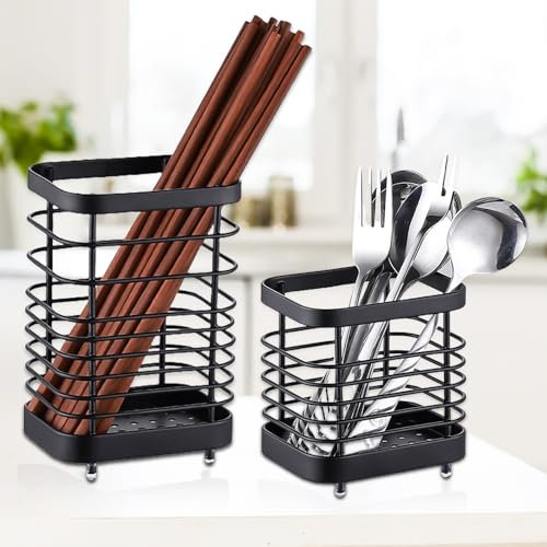 GBKDQQ 2 Stücke Besteckkorb Edelstahl, Küchenutensilienhalter für Arbeitsplatte, Stilvoller Organizer und Küchendekor Utensil Topf von Schubladen und Arbeitsplatten für alle Küchen, Schwarz
