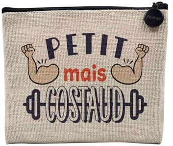 Pochette en Lin - Petit mais Costaud Haltères Muscu Workout - Trousse Maquillage en Toile Aspect Lin - Porte Monnaie - 15 x10 cm