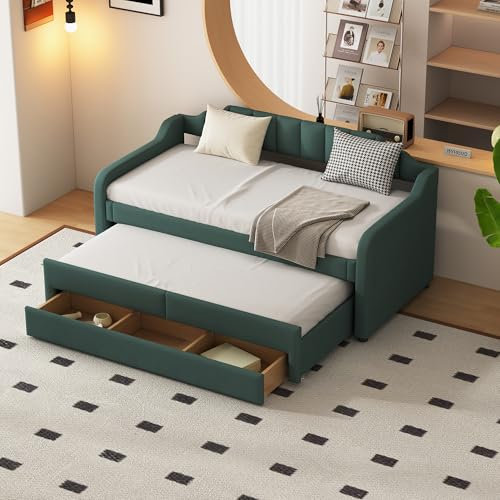 Merax Schlafsofa 90x200 cm, Tagesbett ausziehbar mit Ausziehfunktion Einzel & Doppelbett, Kinderbett mit Stauraum, Sofabett Jugendbett mit Lattenrost, für Wohnzimmer/Schlafzimmer/Gästezimmer, Grün