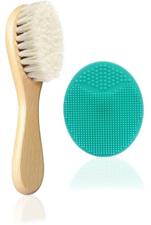 MolYuan 2PCS Baby Hair Brush, Goat Bristles Brush and Green Baby Silicone Brush Set for Cradle Cap Wood Bristle Brush for Newborns and Toddlers