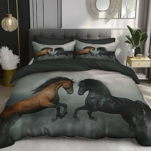 Set Copripiumino Combattimenti Cavalli Letto Matrimoniale, 1 X Copripiumino 140X200Cm E 2 X Federe 50X75 Cm Completo Sacco Parure Letto, Arte Fantasy Microfibra Facile Da Pulire 3 Pezzi