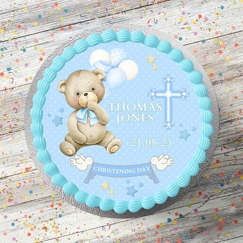 Baby Boy Blue Teddy Christening Personalised 7.5 Inch Round Edible Icing Cake Topper Decoration