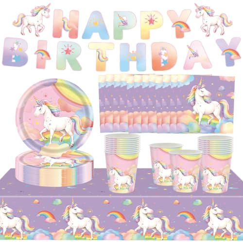 Danbghyuo 74 Pièces Vaisselle de Fêtes à Licorne, Assiettes, Gobelets et Serviettes Réutilisables pour Anniversaire Fille, Décoration pour 24 Invités