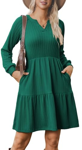 Zeagoo Abito Elegante Donna Scollo a V Maglia a Coste Manica Lunga A-Linea Lunghezza Ginocchio con Tasche Verde M