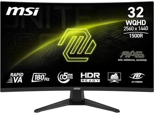 MSI MAG 321CQF E18 32 Gaming Desktop Monitor 2560 x 1440 (QHD), 180Hz, Adaptive Sync, HDR Compatible, HDMI, VGA Port, VESA Mount, Tilt, 4-Sided Thin Bezel, 0.5ms, Black