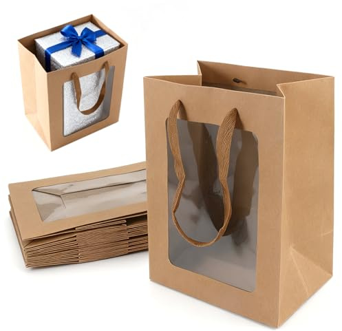 Geschenktüte mit Fenster, Kraftpapier, 25x18x13cm, 10 Stück | Braun, Mit Griff, Für Geburtstag Hochzeit Party, Bankett Geschenken