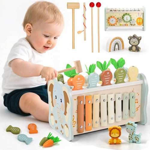 Almaxi Jouet Montessori 1 an, 6 en 1 Jouet en Bois Bebe 1 an avec Xylophone Bebe,Jeu De Taupe, Jeu Pêche, Jeux d'engrenage, Jeux Enfant d'activité Cadeau Anniversaire Noël 1 2 3 Ans Garcon Fille