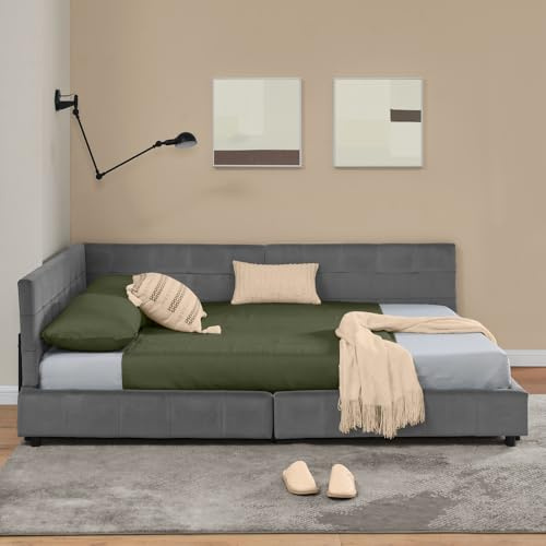 Arhatreya Bäddsoffa, 160 x 200 cm, L-format bäddsoffa med högt ryggstöd, stoppad säng med lameller dubbelsäng, dagsäng för lägenhet, sovrum (utan madrass), sammetstyg, mörkgrå