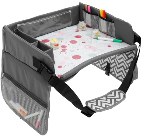 Zhjiutak Kids Travel Tray for Toddler Car Seat, Play Trays for Drawing with Adjustable Strap, Car Seat Desk Lap Tray with Storage,Travel Trays for Airplane, Carseat Table for Kids Activities