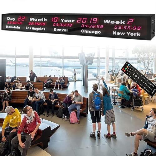 Orologio Mondiale Digitale, Orologio Mondiale Multiplo da 1 Pollice Montato A Parete, Orologio con 5 Fusi Orari Mondiali E Telecomando, Regolazione della Luminosità A 3 Livelli, per Aziende Multinazi