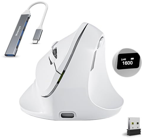 Wowssyo ergonómico Ratón Vertical con Pantalla, 3 Modos [Bluetooth 5.3, 2.4GHz, con Cable], inalámbrico Recargable, 800/1200/1600/2400/4800 dpi, PC/Mac - Blanco