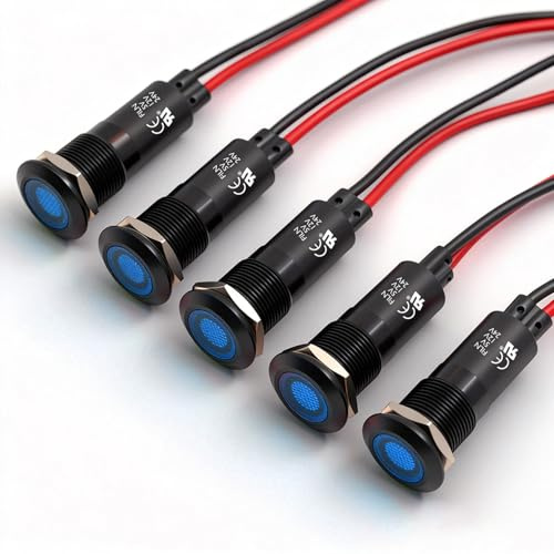 FILN 5PCS 12mm(1/2) Waterproof 5V 12V 24V LED Indicator Light Blue Metal Signal Dash Pilot Light for Automotive Industrial Equipment(12V-24V Blue LED Light