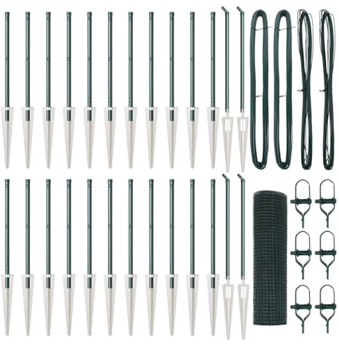 Qnhdfrt Gartenzaun Set mit 26 Pfosten, 50m x 1m, Maschendrahtzaun aus pulverbeschichtetem Stahl, Grün, Gartenumzäunung für den Außenbereich, Zaunanlage für Garten