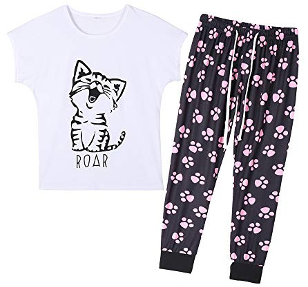 MyFav dam söt tecknad katt nattkläder kortärmad topp och byxor pyjamas set