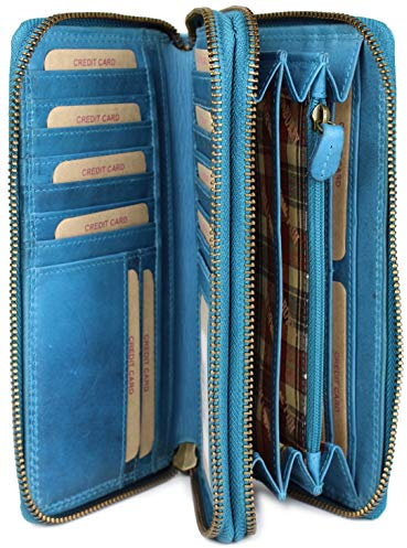 Hochwertige XXL Vintage Leder Damen Geldbörse Portemonnaie langes Portmonee Geldbeutel Organizer aus weichem Leder mit extra vielen Fächern inkl. RFID in hellblau - 20x11x3,5cm (B x H x T)