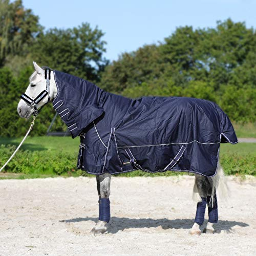 Horsenjoy Pferdedecke Regendecke Winterdecke Outdoordecke Paddockdecke mit Halsteil 300g 200g Füllung Aspen (145 cm, 200 g dunkelblau)