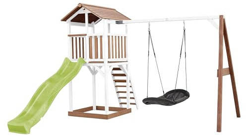 AXI Beach Tower Spielturm aus Holz in Braun & Weiß | Spielhaus für Kinder mit hellgrüner Rutsche, Nestschaukel und Sandkasten | Stelzenhaus für den Garten