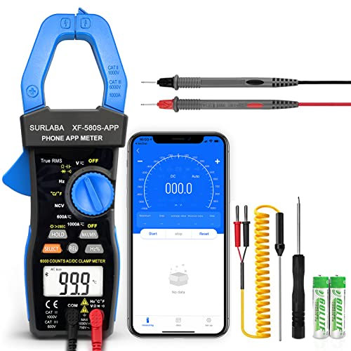 SURLABA Bluetooth Clamp Meter, Digital Multimeter AC DC TRMS 6000Count, Voltage Current Tester APP Supported, Auto Range NCV Volt Amp Capacitance Resistance Temperature Continuity Diode Frequency Test