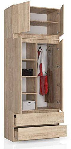 BDW Kleiderschrank mit 4 Türen, 4 Einlegeböden, Kleiderbügel, 2 Schubladen - Aufbewahrungsschrank - Moderner Schrank für das Schlafzimmer Wohnzimmer Diele - 234x90x51cm - Eiche Sonoma