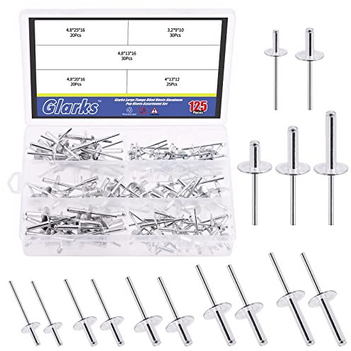 GLARKS G-1987 Rivetti ciechi in alluminio con flangia grande, 125 pezzi, 5 misure, set assortito per giunzione di tubi in lamiera metallica automobilistica