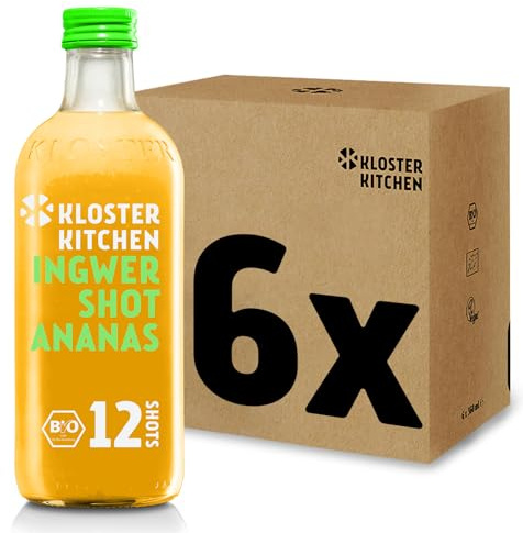 Kloster Kitchen Bio Ingwer Shot Ananas 12SHOTS 6x 360 ml mit echten Ingwerstückchen I Ingwershot vegan I Glasflasche I süß-scharf ohne Zusatzstoffe & mit natürlicher Süße (inkl. 1,50€ EINWEG Pfand)