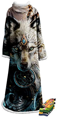 Hearda Oversized Kuscheldecke mit Ärmeln, Wearable Decke 3D Wolf Gedruckt Flauschige Warm Plüsch Extra Lang TV-Decke, Fleecedecke für Erwachsene Damen Herren (Traumfänger,127x178cm)