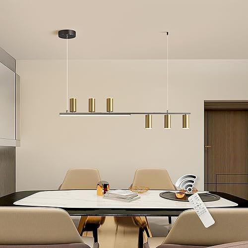 GEADI Dimmable LED Chandelier, 110cm Black & Gold Modern Chandeliers with Remote, 40W 6-Light Linear LED Pendant Light Dining Room Hanging Light Fixture for Kitchen Island Dinning Table Restaurant