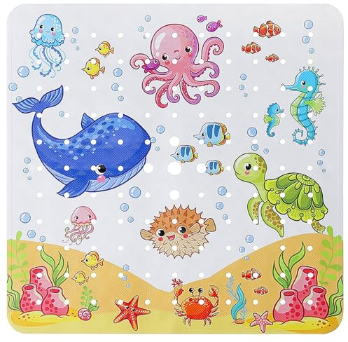 Duschmatte rutschfest für Badezimmer, 53 x 53 cm Cartoon Antirutschmatte Dusche für Kinder mit Meeresthema, Quadratische Bathroom Shower Mat rutschfest Schimmelresistent & Maschinenwaschbar