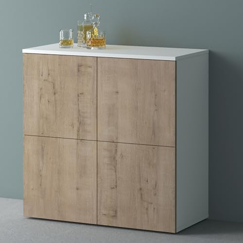Mai & Mai Sideboard 76cm Kommode 4 Türen Soft-Close grifflos Stauraum | Sideboard Wohnzimmer, 4 Stauräume, verstellbare Füße, Flurschrank, Weiß matt + Eiche Greige, BxTxH:76x36,4x74cm, Schrank04