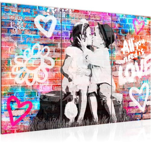 Runa Art Wandbilder the First Kiss Bild XXL Wohnzimmer Schlafzimmer Bunt Streetart Graffiti 120 x 80 cm 3 Teilig 044631a