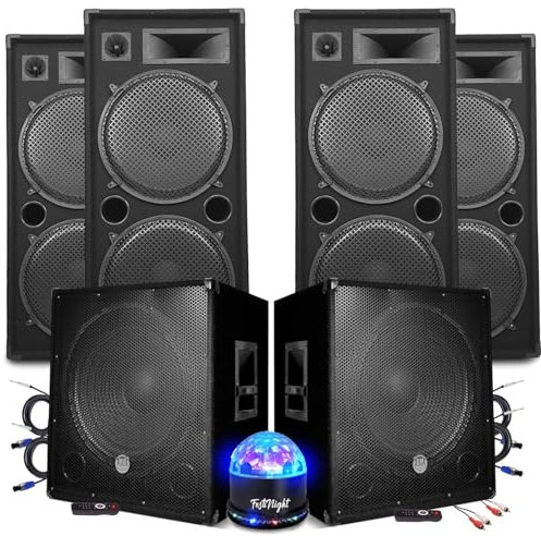 Pack Sono BM Bmsonic Mega Basses Caissons bi-amplifié 18 46cm 2x1200W, 4 Enceintes 4x2000W Sono DJ Pro Club Mix Bar, Light