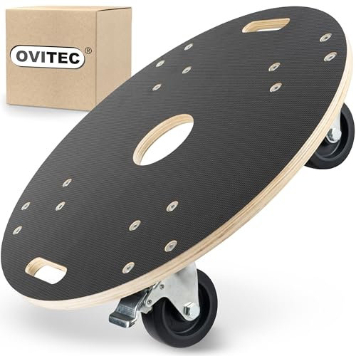 Ovitec Rollbrett rund für Schwerlast | Extra Leise Rollen | 400kg Belastung | 57cm Durchmesser | Hochwertiges Holz | mit 2 Bremsen und Tragegriffen | Rollwagen für Pflanzgefäße | Transportroller