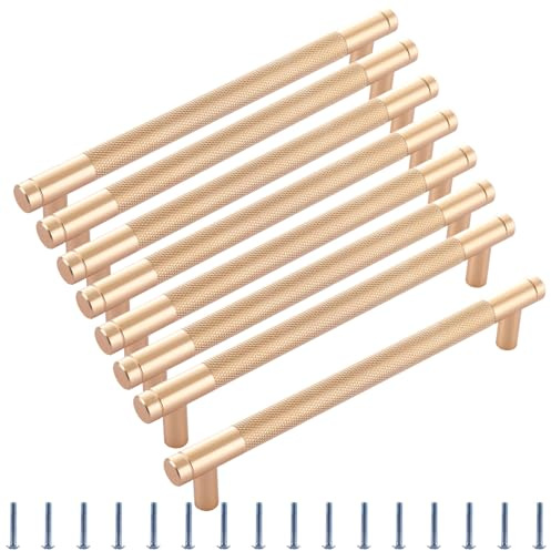 MEIDIV 8PCS 158mm Gold Kitchen Handles, Hole Spacing 128mm Gold Wardrobe Handles, T Bar Handle for Cupboard Wardrobe Cabinet Door