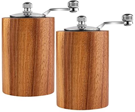 2er Set Salzmühle und Pfeffermühle, Holz Gewürzmühle mit Verstellbarem Keramikmahlwerk, Manuelle Handkurbel Salzmühlen & Pfeffermühle, Salz und Pfefferstreuer